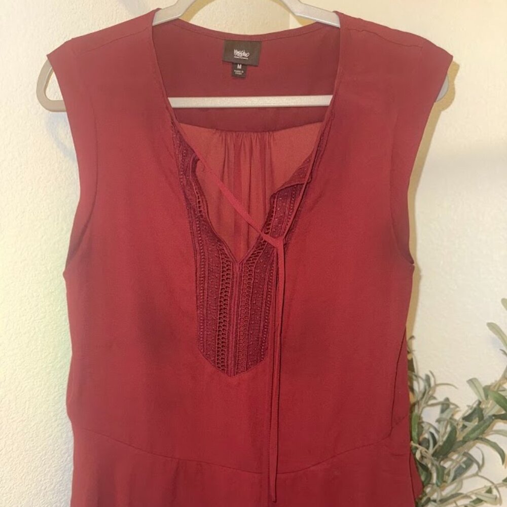 Wine Red Blouse w/ Tie Neck & Ruffle Hem